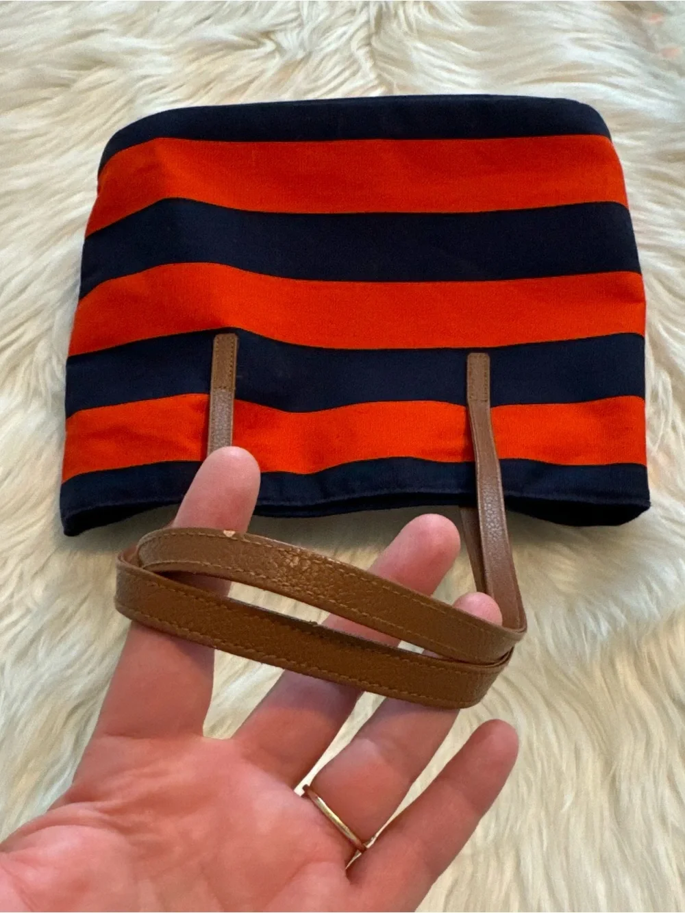 Janie and Jack Navy and Orange Striped Canvas Tote with Brown Handles